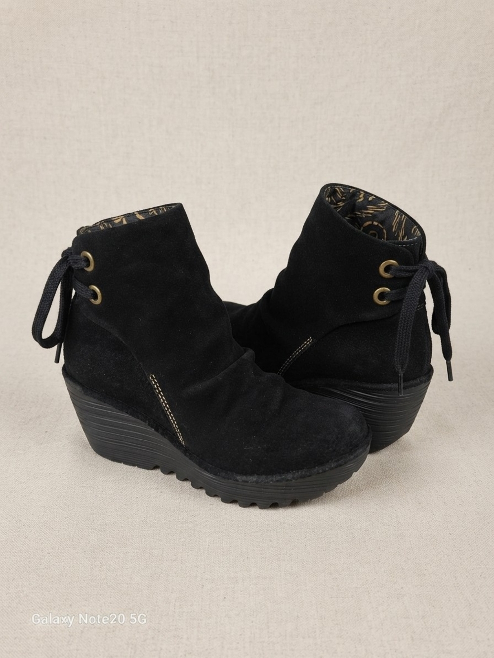 FLY London Yama Black Suede Wedge Ankle Boots Women's Size 36 US Back Lace Up